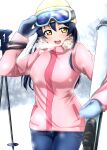 1girl absurdres bangs beanie blue_hair blush coat commentary_request eyewear_on_head fur_trim goggles goggles_on_head hand_on_eyewear hat highres jacket long_hair looking_at_viewer love_live! love_live!_school_idol_project mittens open_mouth scarf ski_gear ski_goggles ski_pole skis smile snow solo sonoda_umi surv1v3-13005993 swept_bangs winter_clothes yellow_eyes 