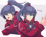  1boy bangs belt black_hair blue_eyes hair_tie highres jacket kiriya_(552260) long_hair male_focus noah_(xenoblade) open_mouth ponytail red_jacket shirt simple_background solo xenoblade_chronicles_(series) xenoblade_chronicles_3 