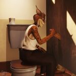  1:1 2022 3d_(artwork) 5_toes accessory anthro arm_by_side arm_on_leg arm_on_thigh arms_bent arms_in_front bathroom bent_arm bent_leg bent_legs big_penis black_body black_claws black_fur blacksad blacksad:_under_the_skin blender_(software) bodily_fluids brown_body brown_eyes brown_fur brown_hair claws clock clothed clothing digital_media_(artwork) duo erection eye_scar faceless_character faceless_male facial_scar feet felid feline felis fingers foreskin fur genital_fluids genitals glory_hole hair hand_on_knee hand_on_leg hand_on_own_leg hand_on_penis handjob hi_res humanoid_genitalia humanoid_penis joe_dunn k&#039;joor_(artist) leaking leaking_precum leaning leaning_forward lynx male male/male mammal markings multicolored_body penile penis penis_grab pink_nose precum prick_ears public_restroom restroom_stall scar sex shirt side_view signature simple_background sitting smile smirk spots spotted_body spotted_fur spotted_markings standing stroking stroking_penis tan_body tan_fur tan_penis tank_top toes toilet toilet_paper topwear touching_own_leg vein video_games watch watermark white_body white_fur 