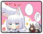  3girls amagi_(azur_lane) animal_ears azur_lane bangs blush brown_hair commentary_request eyebrows_visible_through_hair fox_ears fox_girl fox_tail hair_ornament headpat japanese_clothes kaga_(azur_lane) kimono mask multiple_girls silver_hair smile tail taisa_(kari) tosa_(azur_lane) translation_request white_hair 