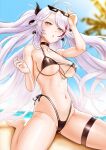  1girl antenna_hair azur_lane bangs beach bikini black_bikini blurry blurry_background breasts cross cross_earrings day earrings eyebrows_visible_through_hair eyewear_removed flag_print german_flag highleg highleg_bikini highres iron_cross jewelry large_breasts long_hair looking_at_viewer mole mole_on_breast multicolored_hair navel orange_eyes outdoors prinz_eugen_(azur_lane) revenantart silver_hair sitting solo streaked_hair swimsuit thigh_strap two_side_up wariza 