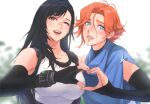  2girls bare_shoulders black_hair blue_eyes bracelet breasts castlevania castlevania_(netflix) castlevania_iii:_dracula&#039;s_curse crop_top detached_sleeves final_fantasy final_fantasy_vii final_fantasy_vii_remake heart heart_hands highres jewelry large_breasts long_hair looking_at_viewer multiple_girls one_eye_closed orange_hair red_eyes short_hair spykeee sypha_belnades tank_top tifa_lockhart turtleneck twitter_username 