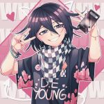  1boy alternate_costume bangs black_nails black_scarf black_shirt checkered_clothes checkered_scarf cheer_(cheerkitty14) cross cross_earrings danganronpa_(series) danganronpa_v3:_killing_harmony double_v earrings english_text eyebrows_visible_through_hair grin hair_between_eyes hands_up heart highres holding holding_phone jewelry ouma_kokichi phone pink_background purple_eyes scarf shiny shiny_hair shirt short_sleeves smile solo star_(symbol) star_in_eye symbol_in_eye teeth translation_request upper_body v white_scarf 