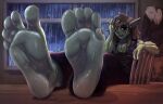  5_toes absurd_res anthro barefoot blue_eyes bodily_fluids chair feet foot_fetish foot_focus foot_on_table furniture goblin green_body hand_on_head hi_res humanoid humanoid_feet lying male ogre orc raining saaxon soles solo sweat sweaty_feet toes 