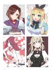  4girls alice_(alice_in_wonderland) alice_(alice_in_wonderland)_(cosplay) alice_in_wonderland amamiya_sakura bangs black_bow blonde_hair blue_eyes blue_shirt blush bow brown_eyes brown_hair bunny_pose character_request clarissa_snowflake collared_shirt cosplay eyebrows_visible_through_hair fuurin_kingyou green_eyes hair_ribbon head_tilt holding holding_sword holding_weapon japanese_clothes kanzaki_sumire kimono multiple_girls purple_kimono ribbon sakura_kakumei sakura_taisen sheath shin_sakura_taisen shirt short_hair sketch smile sword unsheathing weapon 