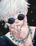  1boy bangs black_background black_shirt blue_eyes bracelet colored_eyelashes eyebrows_visible_through_hair gojou_satoru hair_between_eyes highres jewelry jujutsu_kaisen looking_at_viewer looking_over_eyewear portrait round_eyewear shiki_(shiki_no) shirt short_hair signature silver_hair solo sunglasses 