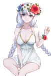 1girl anastasia_(fate) bangs bare_arms bare_legs between_legs blue_eyes blue_flower bracelet breasts cleavage collarbone danxing_aipangzi dress eyebrows_visible_through_hair fate/grand_order fate_(series) floating_hair flower halterneck hand_between_legs head_wreath highres invisible_chair jewelry long_hair looking_at_viewer medium_breasts parted_lips red_flower short_dress silver_hair simple_background sitting sleeveless sleeveless_dress solo very_long_hair white_background white_dress white_flower 