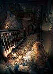  1girl 1other blonde_hair book carpet chair desk_lamp dress highres holding holding_lantern hooded_robe indoors kobone_awaki lamp lantern letter light_particles long_hair original painting_(object) railing robe sitting sitting_on_stairs stairs wavy_hair wax_seal 
