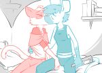  2022 anthro bed casey_(moot_point) clio_(moot_point) digital_media_(artwork) domestic_cat duo eyes_closed felid feline felis female female/female furniture kissing mammal mouse murid murine rodent story story_in_description toxoglossa wine_bottle 