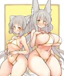  animal_ears bangs bikini blunt_bangs breasts cat_ears chest_jewel dual_persona facial_mark flat_chest large_breasts long_hair low_twintails navel nia_(blade)_(xenoblade) nia_(xenoblade) sachito short_hair silver_hair swimsuit twintails very_long_hair xenoblade_chronicles_(series) xenoblade_chronicles_2 yellow_eyes 