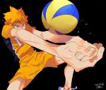  1boy azebra-was-here black_background bump_(volleyball) foreshortening haikyuu!! highres hinata_shouyou looking_at_object male_focus messy_hair orange_eyes orange_hair orange_shorts shoes shorts signature simple_background sneakers solo sportswear sweat twitter_username volleyball volleyball_uniform 