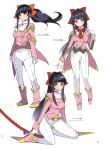  1girl ascot black_hair boots bow brown_eyes copyright_name floating_hair fuurin_kingyou gloves hair_bow head_tilt holding holding_sword holding_weapon jacket kneeling multiple_views pants pink_footwear pink_jacket red_bow sakura_taisen sakura_taisen_ii sakura_taisen_iv shinguuji_sakura sketch smile sword weapon white_ascot white_background white_gloves white_pants 