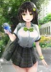  1girl absurdres bag bangs black_hair blurry blurry_background bow bowtie breasts can clover_hair_ornament eyebrows_visible_through_hair flower green_eyes hair_between_eyes hair_ornament highres hiromaster_sinta_jh holding holding_can large_breasts looking_at_viewer open_mouth original outdoors patterned_clothing pocari_sweat shiny shiny_hair shirt short_hair short_sleeves skirt smile soda_can solo standing sweatdrop tree white_shirt wristband 