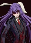  absurdres animal_ears bangs black_background bleeding blood blood_on_clothes blood_on_face collared_shirt dress_shirt eyebrows_visible_through_hair highres jacket long_hair looking_at_viewer necktie one_eye_closed open_mouth purple_hair rabbit_ears rabbit_girl red_eyes red_necktie reisen_udongein_inaba shirt simple_background touhou very_long_hair weedhollow_(dokuran) white_shirt 