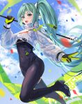  1girl :d bangs black_bodysuit black_gloves blue_hair blush bodysuit covered_navel floating_hair gloves goodsmile_racing gradient_hair green_eyes green_hair hair_between_eyes hatsune_miku holding long_hair long_sleeves multicolored_hair open_mouth pi_tayuko racing_miku racing_miku_(2022) smile solo two-tone_gloves v very_long_hair vocaloid yellow_gloves 