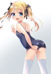  1girl adjusting_clothes adjusting_swimsuit blonde_hair blue_eyes blue_swimsuit commentary_request competition_school_swimsuit cowboy_shot fang from_behind gradient gradient_background highres looking_at_viewer original p-hone school_swimsuit solo swimsuit thighhighs twintails v white_background white_legwear 