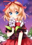  1girl back_bow bangs blonde_hair blue_eyes blurry blurry_background blush bow bowtie brown_shirt bush closed_mouth cloud cloudy_sky collared_shirt commentary_request eyebrows_visible_through_hair eyes_visible_through_hair flower frills hair_between_eyes hair_bow hand_up highres leaf looking_to_the_side medicine_melancholy one-hour_drawing_challenge partial_commentary petals puffy_short_sleeves puffy_sleeves purple_flower purple_sky red_bow red_bowtie red_skirt ruu_(tksymkw) shirt short_hair short_sleeves skirt sky solo touhou white_bow 