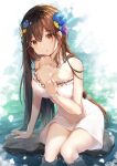 1girl :o absurdres bangs bare_arms bare_shoulders blue_flower breasts brown_eyes brown_hair cleavage dress eyebrows_visible_through_hair feet_out_of_frame flower hair_between_eyes hair_flower hair_ornament hand_on_own_chest highres hiromaster_sinta_jh large_breasts long_hair looking_at_viewer original sitting soaking_feet solo strapless strapless_dress very_long_hair water white_dress yellow_flower 