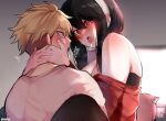  1boy 1girl anya_(spy_x_family) bangs black_hair blonde_hair blush breasts child green_eyes hairband hetero highres holding implied_sex kiss kurenaiz1 large_breasts long_hair open_mouth out-of-frame_censoring pink_hair red_eyes sex short_hair sidelocks spy_x_family sweat twilight_(spy_x_family) yor_briar 