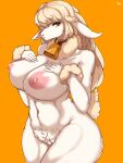 absurd_res anthro areola big_breasts bovid breasts caprine collar cowbell female genitals hi_res mammal nipples orange_background pussy sheep simple_background solo taphris wool_(disambiguation) 
