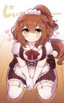  1girl alternate_costume animal_ears apron aston_machan_(umamusume) background_text blush bow brown_footwear closed_mouth dress elbow_gloves enmaided eyebrows_visible_through_hair frilled_apron frilled_dress frilled_skirt frills garter_straps gloves hair_between_eyes headdress heart highres horse_ears horse_girl horse_tail kneeling maid maid_apron maid_headdress ponytail puffy_short_sleeves puffy_sleeves red_bow short_hair short_sleeves simoyuki skirt solo tail thighhighs umamusume white_apron white_legwear wooden_floor 