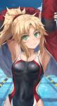  1girl bangs blonde_hair braid breasts fate/apocrypha fate_(series) french_braid green_eyes highres jacket long_hair looking_at_viewer mordred_(fate) mordred_(fate/apocrypha) one-piece_swimsuit parted_bangs ponytail sidelocks small_breasts smile solo swimsuit tonee 