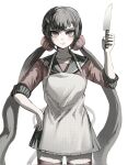  1girl apron bangs black_sailor_collar black_skirt brown_hair closed_mouth collarbone cowboy_shot danganronpa_(series) danganronpa_v3:_killing_harmony grey_background hair_ornament hair_scrunchie hairclip hand_on_hip hand_up harari harukawa_maki highres holding holding_knife knife long_hair low_twintails mole mole_under_eye pleated_skirt red_eyes red_legwear red_scrunchie red_shirt sailor_collar scrunchie shirt simple_background skirt solo thighhighs twintails zettai_ryouiki 