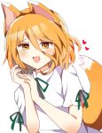 1girl animal_ears bangs blush bow commentary_request eyebrows_visible_through_hair eyelashes fox_ears fox_tail green_bow hair_between_eyes hands_up heart highres kudamaki_tsukasa looking_to_the_side open_mouth orange_eyes orange_hair own_hands_together romper short_hair short_sleeves simple_background smile solo tail tongue touhou upper_body white_background white_romper zeroko-san_(nuclear_f) 