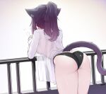  1girl animal_ears arknights ass bent_over black_panties breasts cat_ears cat_tail commentary cowboy_shot cup from_behind grey_background highres holding holding_cup jessica_(arknights) k0ng large_breasts long_hair mug no_pants panties ponytail purple_hair railing shirt solo tail thighs underwear white_shirt 