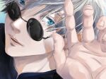  1boy bangs blue_eyes colored_eyelashes gojou_satoru hair_between_eyes jujutsu_kaisen looking_at_viewer male_focus open_mouth round_eyewear shiki_(shiki_no) short_hair silver_hair solo sunglasses twitter_username 