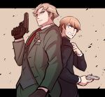  2boys absurdres back-to-back black_gloves blonde_hair formal gloves gun handgun highres kaguya-sama_wa_kokurasetai_~tensai-tachi_no_renai_zunousen~ multiple_boys necktie pistol school_uniform scruffyturtles shirogane_miyuki spy_x_family suit twilight_(spy_x_family) weapon yellow_eyes 