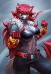  2022 5_fingers abs abstract_background anthro armor athletic athletic_female belt big_breasts bikini bikini_top black_nose bottomwear breasts chest_tuft cleavage clothed clothing fangs felid female fingers fist flessia fur gauntlets gloves hair handwear hi_res inner_ear_fluff long_hair looking_at_viewer mammal midriff navel open_mouth open_smile pants red_eyes red_hair smile solo swimwear teeth tuft under_boob white_body white_fur yellow_sclera 