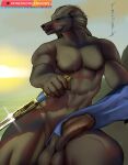  2022 abs anthro balls big_penis biped blaidd_(elden_ring) canid canine canis digital_media_(artwork) elden_ring erection facial_scar foreskin franubis fromsoftware fur genitals grey_body grey_fur hi_res holding_object holding_sword holding_weapon humanoid_genitalia humanoid_penis male mammal melee_weapon muscular muscular_anthro muscular_male outside partially_retracted_foreskin pecs penis scar solo sword video_games weapon wolf 