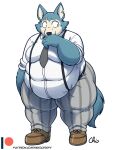  alpha_channel anthro beastars belly belt big_belly black_nose bottomwear canid canine canis clothing footwear fur grey_body grey_fur legoshi_(beastars) looking_aside male mammal moobs necktie nekocrispy obese obese_male overweight overweight_male pants scar shirt shy solo standing suspenders thick_thighs topwear wide_hips wolf 