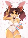  2022 4_fingers absurd_res activision alyssa_bandicoot_(oc) anthro artist_name bandicoot beauty_mark big_breasts black_nose bow breasts brown_eyes brown_hair choker cleavage clothed clothing crash_bandicoot_(series) ear_piercing ear_ring easter easter_egg fake_ears fake_rabbit_ears fan_character female fingers gesture hair hi_res holding_object holidays jewelry lace leaf lingerie lipstick long_hair looking_at_viewer magaska19 makeup mammal marsupial necklace patreon piercing smile solo standing teddy_(clothing) teeth text twintails_(hairstyle) url v_sign video_games 