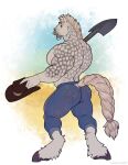  anthro big_butt bottomwear braided_tail butt clothed clothing denim denim_clothing diesel_(jrbn1) equid equine facial_piercing furgonomics hat headgear headwear hi_res holding_clothing holding_hat holding_headgear holding_headwear holding_object hooves horse jeans kihu looking_back male mammal muscular muscular_anthro muscular_male nose_piercing nose_ring pants piercing shovel smile solo spots spotted_body tattoo tools topless topless_male 