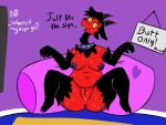  anthro big_breasts big_butt breasts butt camelid collar demon dialogue english_text female genitals hella_(oriole) horn huge_butt llama looking_at_viewer mammal nipples nude pixel_wings pussy red_body sign solo spiked_collar spikes spread_legs spreading text thick_thighs yellow_eyes 