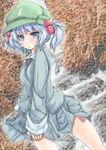  bad_id bad_pixiv_id blue_eyes blue_hair blush hair_bobbles hair_ornament hat kawashiro_nitori melisaseventeen shuga_(soranote) smile solo texture thighs touhou two_side_up water waterfall 