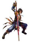  absurdres brown_hair highres jewelry kawano_takuji kilik_(soulcalibur) long_sleeves male_focus necklace official_art pose scar simple_background solo soulcalibur soulcalibur_iv staff weapon 