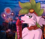  blush breasts dunewulff eyewear fireworks goggles grace_mustang legendary_pok&eacute;mon licking necktie nintendo pok&eacute;mon pok&eacute;mon_(species) shaymin tongue tongue_out video_games 