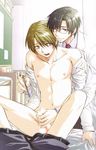 2boys bed belt blond blonde_hair censored cotton_swab cottonball doctor gay glasses handjob infirmary male male_focus male_only medical multiple_boys nipples open_clothes open_shirt patient penis school school_uniform schoolboy shirt tweezers undressing yaoi 