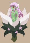  1girl alraune bitter69 blush brown_background flat_chest flower long_hair looking_at_viewer maze_(gochama_ze_gohan) monster_girl navel nipples nude original pink_hair plant_girl pointy_ears red_eyes simple_background solo 
