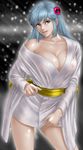  blonde_hair blue_eyes breasts cleavage dororon_enma-kun hair_ornament highres japanese_clothes kimono large_breasts see-through snow solo toten_(der_fuhrer) yukiko_hime 