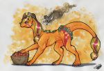  2018 applejack_(mlp) blonde_hair canine claws dog dragon duo feral friendship_is_magic green_eyes hair mammal my_little_pony natoli paws smile traditional_media_(artwork) 