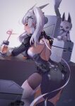  absurdres armor armored_dress ass back blush breasts cowboy_shot dress drink feet from_behind h.an_(516635864) highres leaning_on_table legs lips long_hair looking_at_viewer looking_back medium_breasts pantyhose punishing:_gray_raven sideboob silly_straw silver_hair thighhighs twintails 