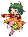  1girl back_bow bow brown_eyes chibi choker cropped_jacket dress farah_oersted full_body green_hair mota one_eye_closed open_mouth orange_dress red_choker short_hair simple_background solo tales_of_(series) tales_of_eternia white_background 