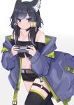  1girl absurdres animal_ears bare_shoulders black_choker black_eyes black_hair black_legwear black_shirt black_shorts blue_jacket bra_strap breasts cat_ears character_request choker cleavage collarbone commentary controller copyright_request crop_top game_controller gosong gradient gradient_background grey_background highres holding holding_controller holding_game_controller jacket long_hair long_sleeves looking_at_viewer midriff navel off-shoulder_shirt off_shoulder shirt short_shorts shorts solo stomach thigh_strap thighhighs thighs white_background 