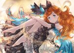  1girl anklet barefoot blue_eyes cloak curled_up curly_hair dress feet fetal_position granblue_fantasy hairband highres hugging_own_legs jewelry kidojiru knees_to_chest long_hair looking_at_viewer lying on_side orange_hair sara_(granblue_fantasy) solo 