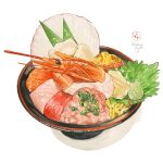  bowl commentary commentary_request fish food food_art food_focus highres kailene lettuce no_humans noodles original painting_(medium) ramen salmon simple_background sushi traditional_media watercolor_(medium) white_background 