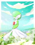  1girl ^_^ bangs blue_flower blue_sky blurry blurry_foreground blush bob_cut border closed_eyes closed_mouth cloud colored_skin commentary_request day field flat_chest flower flower_field full_body gardevoir grass green_hair green_skin happy highres multicolored_skin outdoors outside_border own_hands_together pokemon pokemon_(creature) purple_flower ragia short_hair sideways_mouth sky smile solo standing two-tone_skin white_border white_flower white_skin yellow_flower 